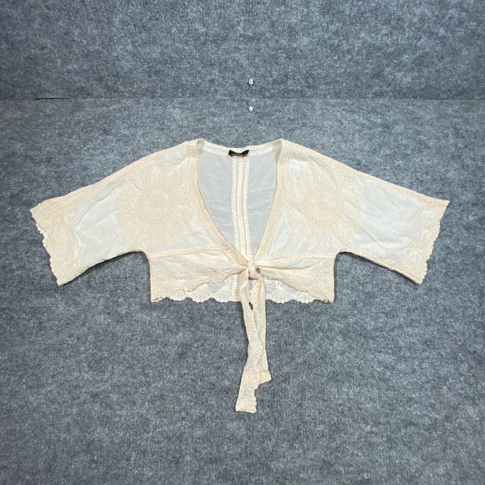 Cider Womens Cream Embroidered Tie Front Cropped Shrug Boho Short Sleeve M